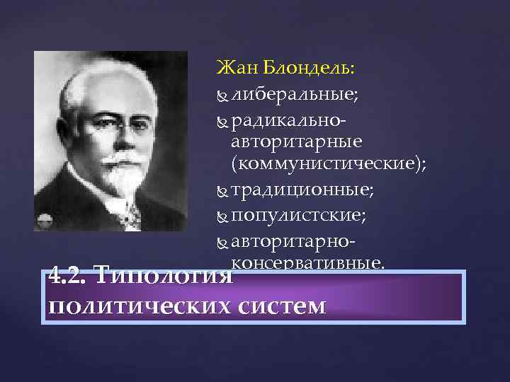 Жан Блондель: либеральные; радикально авторитарные (коммунистические); традиционные; популистские; авторитарно консервативные. 4. 2. Типология политических