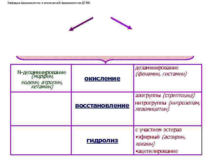 Кафедра фармакологии и клинической фармакологии ДГМА N-дезаминирование (морфин, кодеин, атропин, кетамин) дезаминирование окисление (фенамин,
