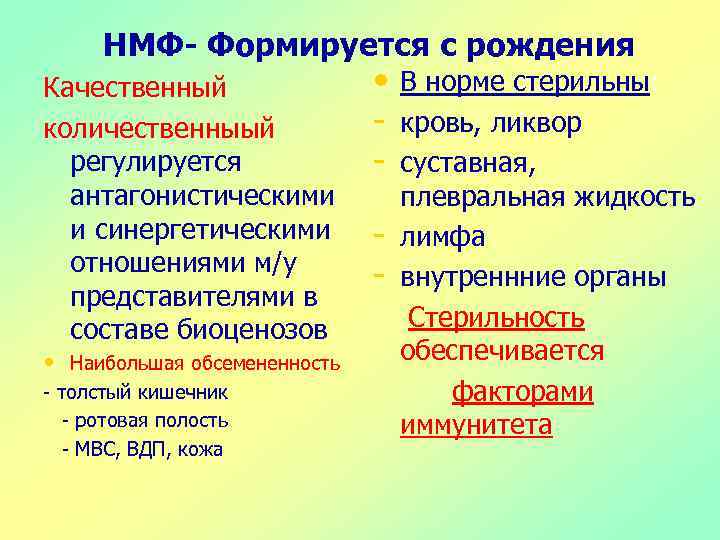 НМФ- Формируется с рождения Качественный количественныый регулируется антагонистическими и синергетическими отношениями м/у представителями в