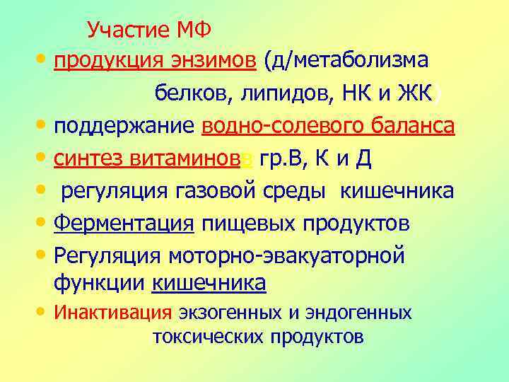 Участие МФ • продукция энзимов (д/метаболизма белков, липидов, НК и ЖК) • поддержание водно-солевого