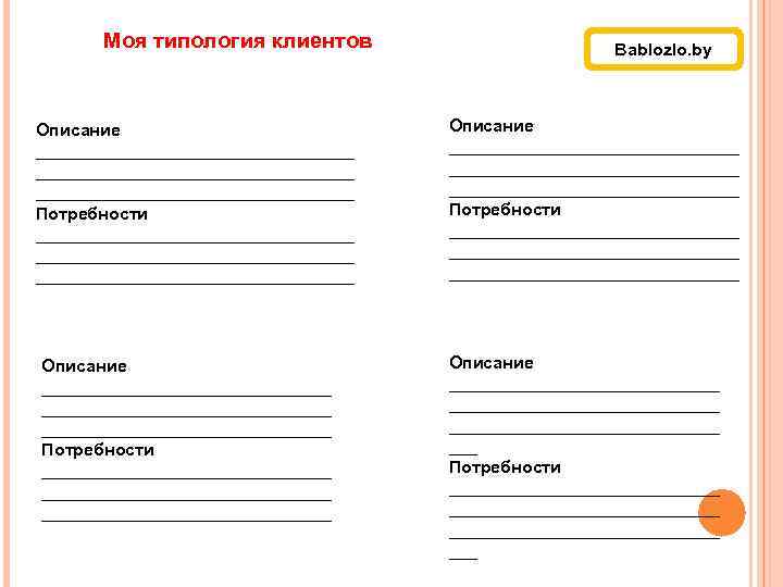 Моя типология клиентов Описание _________________________________ Потребности _________________________________ Описание ______________________________ Потребности ______________________________ Bablozlo. by Описание