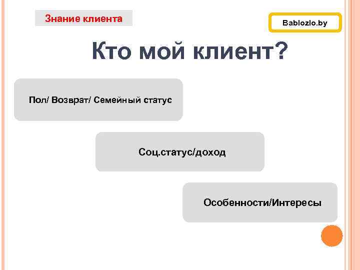 Знание клиента Bablozlo. by Кто мой клиент? Пол/ Возврат/ Семейный статус Соц. статус/доход Особенности/Интересы