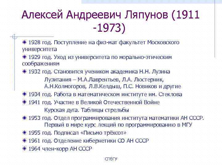  Алексей Андреевич Ляпунов (1911 -1973) 1928 год. Поступление на физ-мат факультет Московского университета