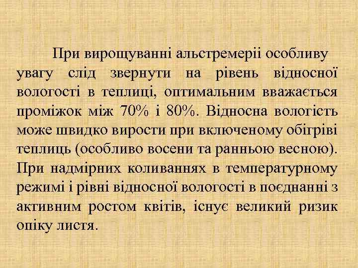 При вирощуванні альстремеріі особливу увагу слід звернути на рівень відносної вологості в теплиці, оптимальним