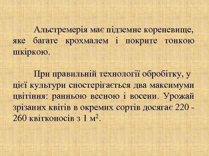 Альстремерія має підземне кореневище, яке багате крохмалем і покрите тонкою шкіркою. При правильній технології