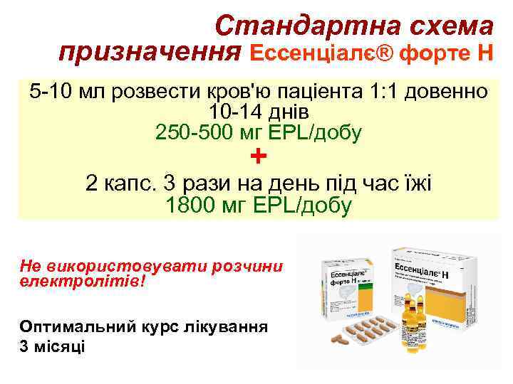 Стандартна схема призначення Ессенціалє® форте Н 5 -10 мл розвести кров'ю паціента 1: 1