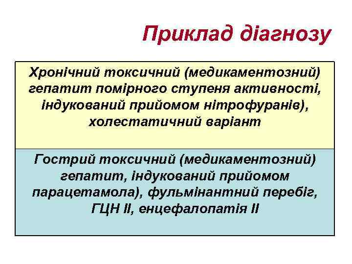 Приклад діагнозу Хронічний токсичний (медикаментозний) гепатит помірного ступеня активності, індукований прийомом нітрофуранів), холестатичний варіант