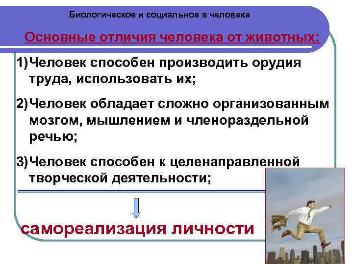Биологическое и социальное в человеке Основные отличия человека от животных: 1) Человек способен производить