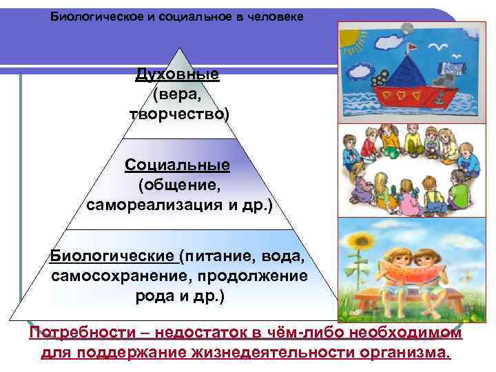 Биологическое и социальное в человеке Духовные (вера, творчество) Социальные (общение, самореализация и др. )