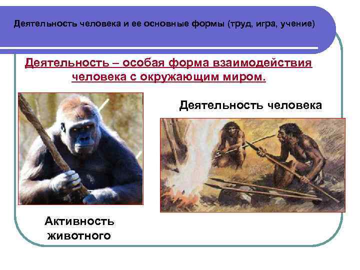Деятельность человека и ее основные формы (труд, игра, учение) Деятельность – особая форма взаимодействия
