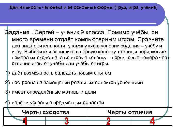 Деятельность человека и ее основные формы (труд, игра, учение) Задание. Сергей – ученик 9