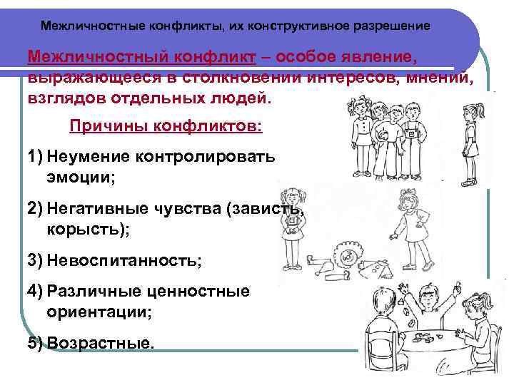 Межличностные конфликты, их конструктивное разрешение Межличностный конфликт – особое явление, выражающееся в столкновении интересов,