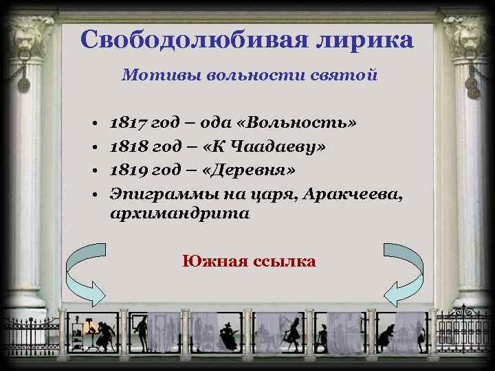 Свободолюбивая лирика Мотивы вольности святой • • 1817 год – ода «Вольность» 1818 год