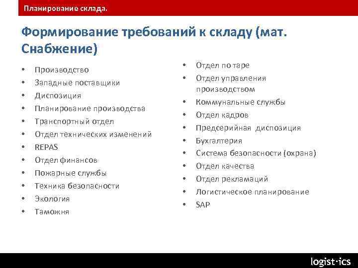 Планирование склада. Формирование требований к складу (мат. Снабжение) • • • Производство Западные поставщики