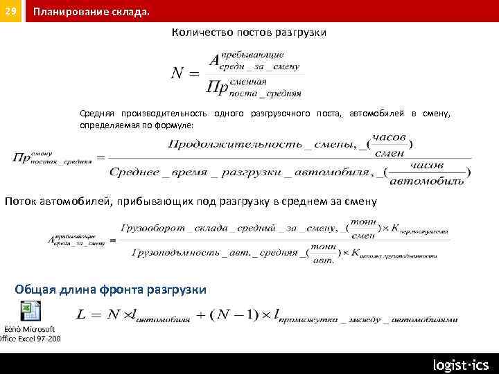 29 Планирование склада. Количество постов разгрузки Средняя производительность одного разгрузочного поста, автомобилей в смену,