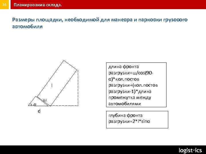 36 Планирование склада. Размеры площадки, необходимой для маневра и парковки грузового автомобиля l ш