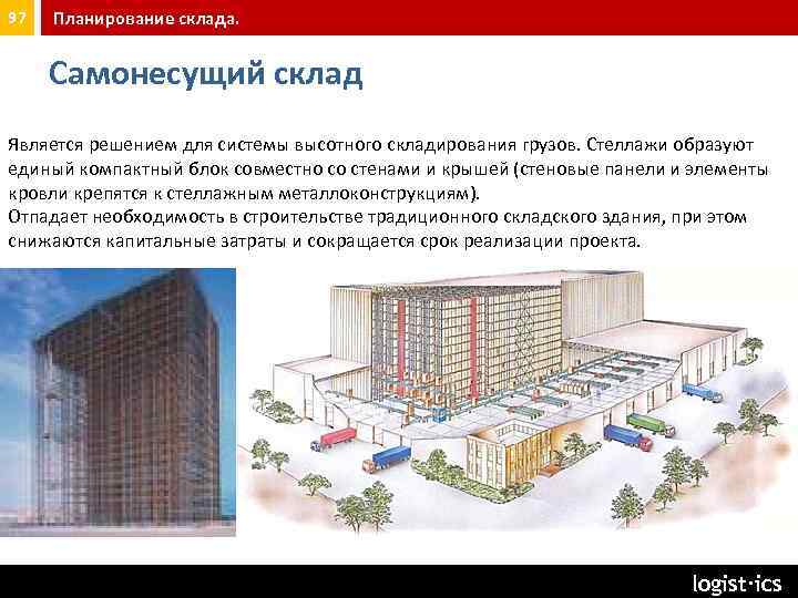 97 Планирование склада. Самонесущий склад Является решением для системы высотного складирования грузов. Стеллажи образуют