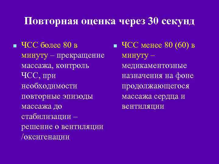 Повторная оценка через 30 секунд n ЧСС более 80 в минуту – прекращение массажа,