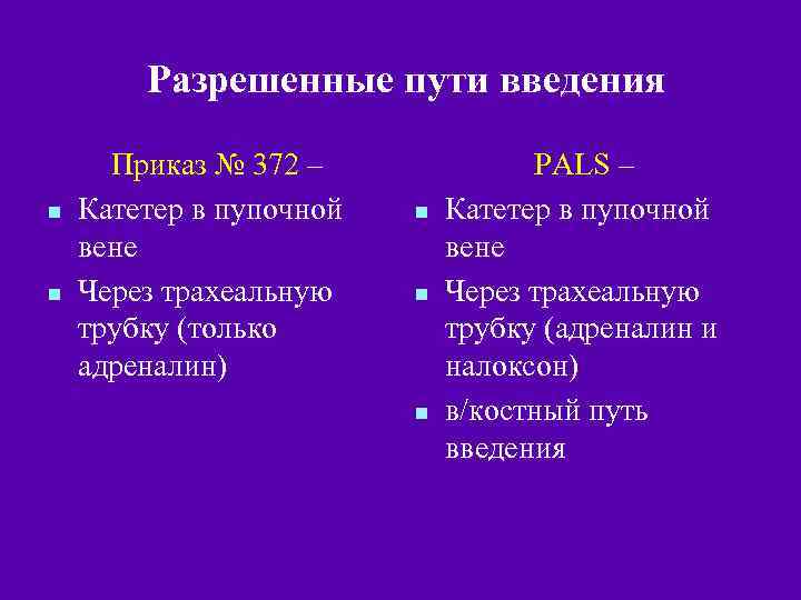 Разрешенные пути введения n n Приказ № 372 – Катетер в пупочной вене Через