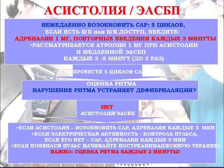 АСИСТОЛИЯ / ЭАСБП НЕМЕДЛЕННО ВОЗОБНОВИТЬ СЛР: 5 ЦИКЛОВ, ЕСЛИ ЕСТЬ В/В или В/К ДОСТУП,
