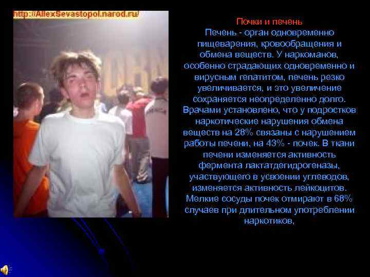 Почки и печень Печень орган одновременно пищеварения, кровообращения и обмена веществ. У наркоманов, особенно