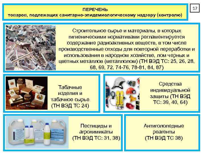 ПЕРЕЧЕНЬ товаров, подлежащих санитарно-эпидемиологическому надзору (контролю) 17 Строительное сырье и материалы, в которых гигиеническими