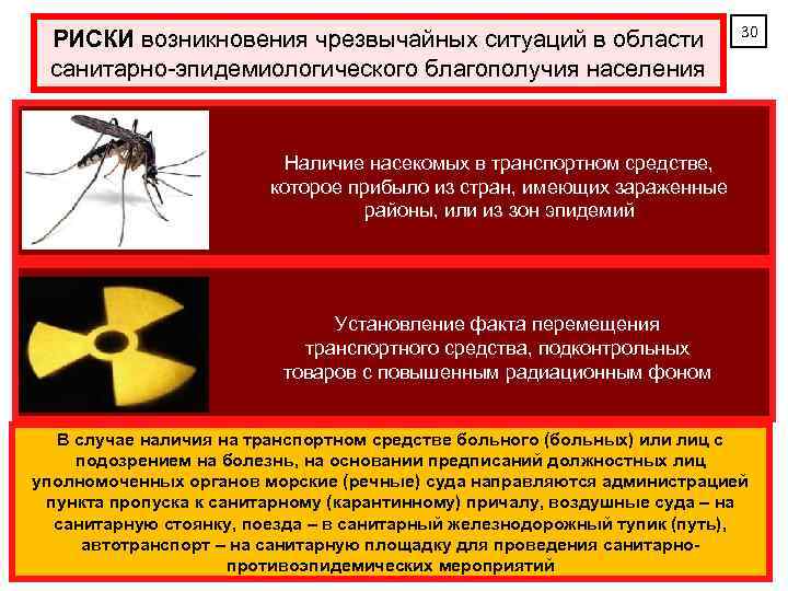 РИСКИ возникновения чрезвычайных ситуаций в области санитарно-эпидемиологического благополучия населения 30 Наличие насекомых в транспортном