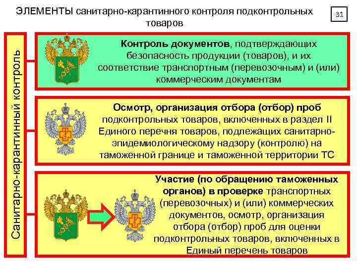 Санитарно-карантинный контроль ЭЛЕМЕНТЫ санитарно-карантинного контроля подконтрольных товаров 31 Контроль документов, подтверждающих безопасность продукции (товаров),