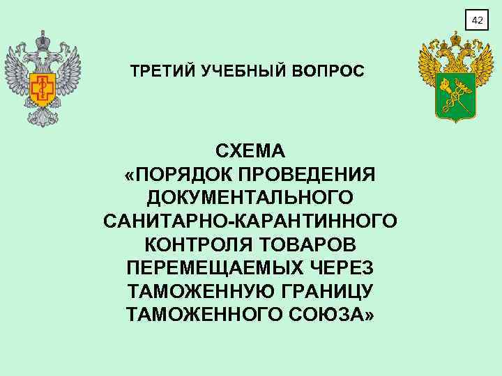 42 ТРЕТИЙ УЧЕБНЫЙ ВОПРОС СХЕМА «ПОРЯДОК ПРОВЕДЕНИЯ ДОКУМЕНТАЛЬНОГО САНИТАРНО-КАРАНТИННОГО КОНТРОЛЯ ТОВАРОВ ПЕРЕМЕЩАЕМЫХ ЧЕРЕЗ ТАМОЖЕННУЮ