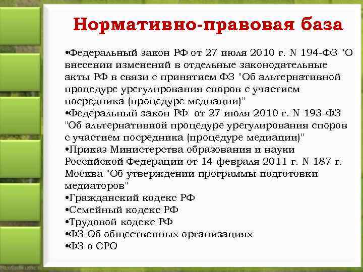 Нормативно-правовая база • Федеральный закон РФ от 27 июля 2010 г. N 194 -ФЗ