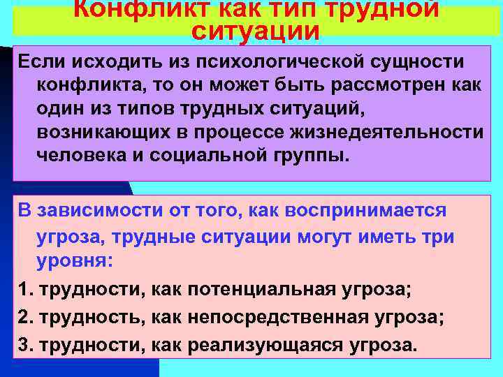 Конфликт как тип трудной ситуации Если исходить из психологической сущности конфликта, то он может