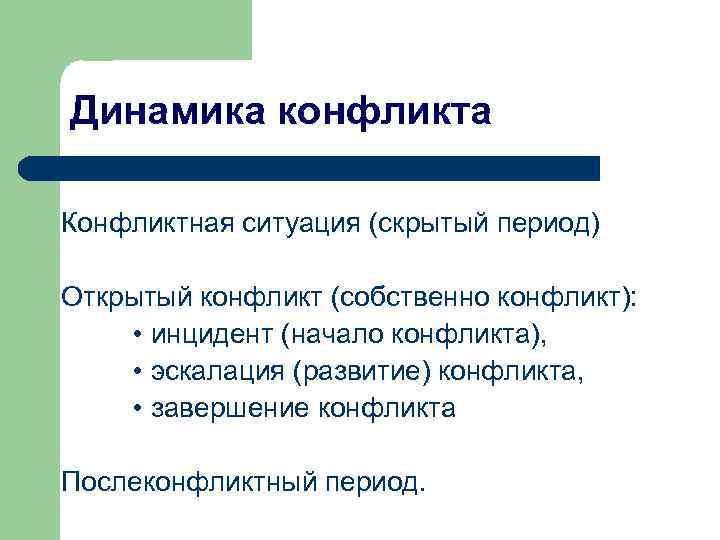 Динамика конфликта Конфликтная ситуация (скрытый период) Открытый конфликт (собственно конфликт): • инцидент (начало конфликта),