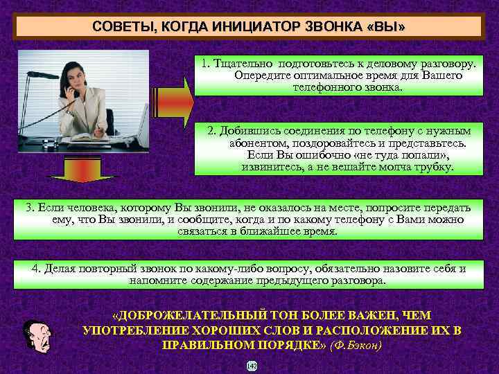 СОВЕТЫ, КОГДА ИНИЦИАТОР ЗВОНКА «ВЫ» 1. Тщательно подготовьтесь к деловому разговору. Опередите оптимальное время