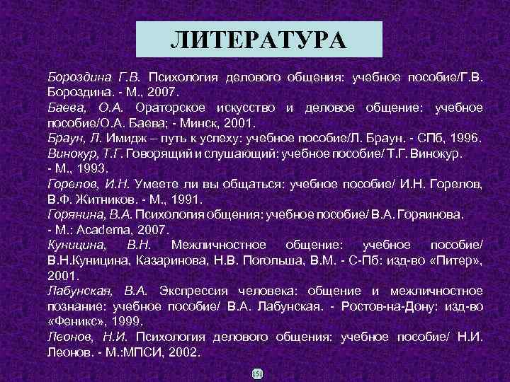 ЛИТЕРАТУРА Бороздина Г. В. Психология делового общения: учебное пособие/Г. В. Бороздина. - М. ,