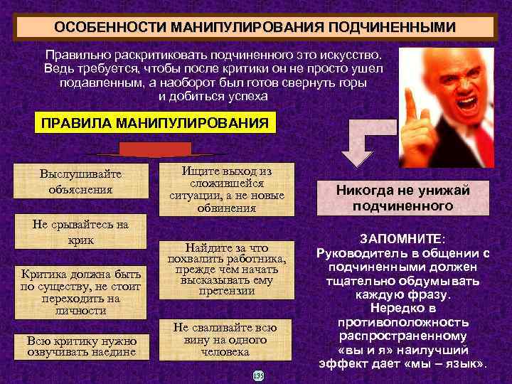 ОСОБЕННОСТИ МАНИПУЛИРОВАНИЯ ПОДЧИНЕННЫМИ Правильно раскритиковать подчиненного это искусство. Ведь требуется, чтобы после критики он