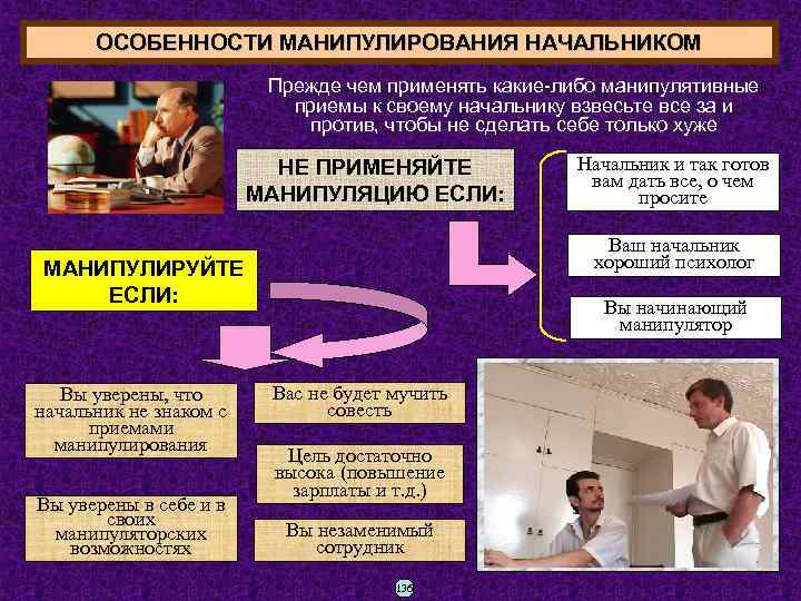 ОСОБЕННОСТИ МАНИПУЛИРОВАНИЯ НАЧАЛЬНИКОМ Прежде чем применять какие-либо манипулятивные приемы к своему начальнику взвесьте все