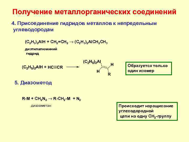 Получение металлорганических соединений 4. Присоединение гидридов металлов к непредельным углеводородам (C 2 H 5)2