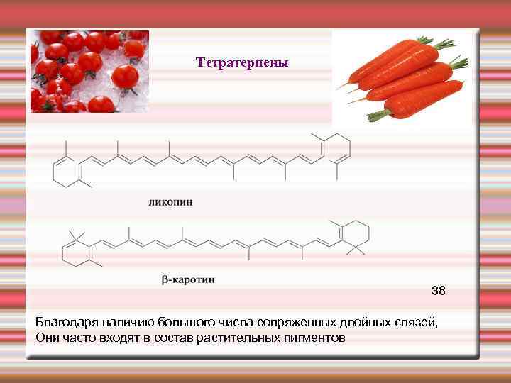  Тетратерпены 38 Благодаря наличию большого числа сопряженных двойных связей, Они часто входят в