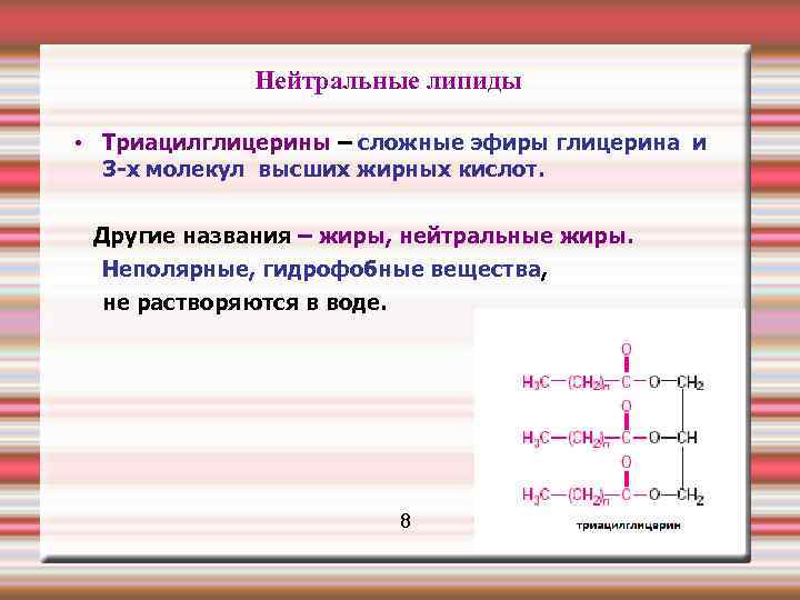  Нейтральные липиды • Триацилглицерины – сложные эфиры глицерина и 3 -х молекул высших