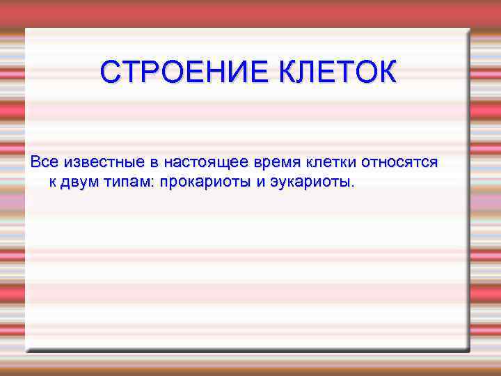 СТРОЕНИЕ КЛЕТОК Все известные в настоящее время клетки относятся к двум типам: прокариоты и