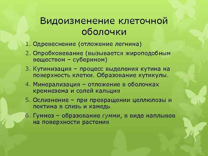 Видоизменение клеточной оболочки 1. Одревеснение (отложение легнина) 2. Опробковевание (вызывается жироподобным веществом – суберином)