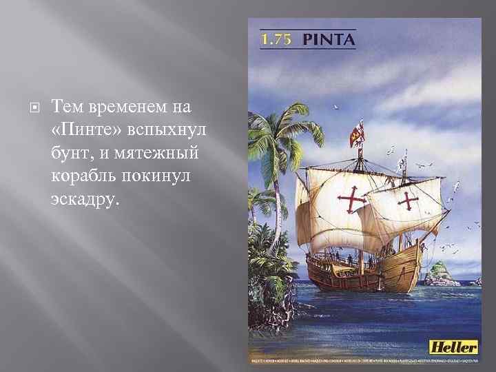  Тем временем на «Пинте» вспыхнул бунт, и мятежный корабль покинул эскадру. 