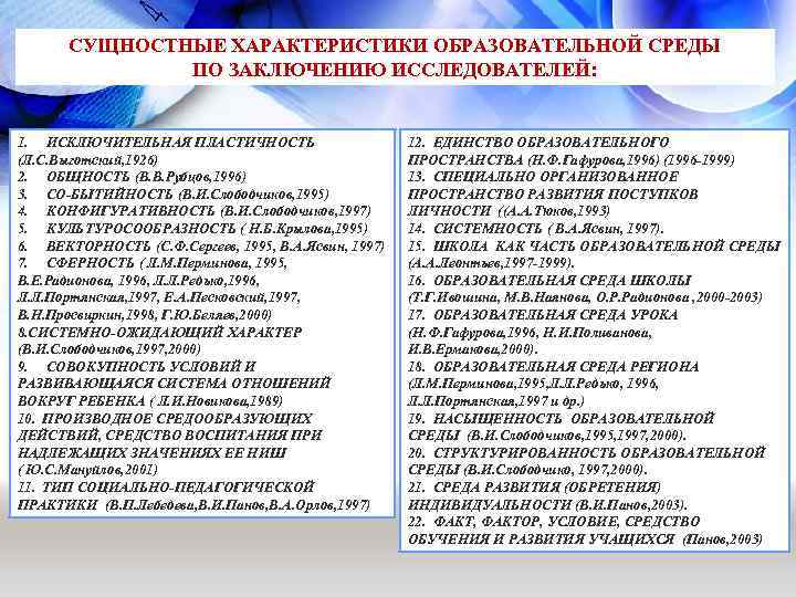 СУЩНОСТНЫЕ ХАРАКТЕРИСТИКИ ОБРАЗОВАТЕЛЬНОЙ СРЕДЫ ПО ЗАКЛЮЧЕНИЮ ИССЛЕДОВАТЕЛЕЙ: 1. ИСКЛЮЧИТЕЛЬНАЯ ПЛАСТИЧНОСТЬ (Л. С. Выготский, 1926)