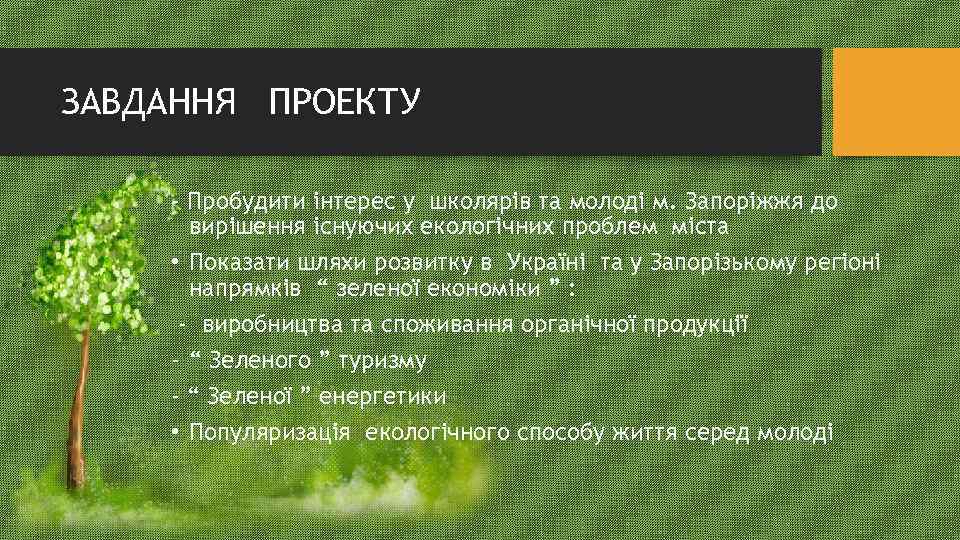 ЗАВДАННЯ ПРОЕКТУ - Пробудити інтерес у школярів та молоді м. Запоріжжя до вирішення існуючих