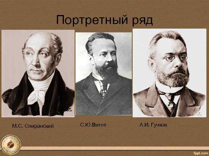 Портретный ряд М. С. Спиранский С. Ю. Витте А. И. Гучков 