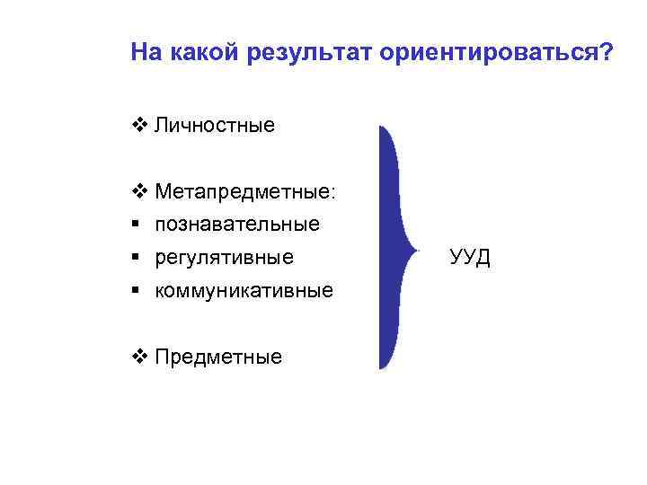 На какой результат ориентироваться? Личностные Метапредметные: познавательные регулятивные УУД коммуникативные Предметные 