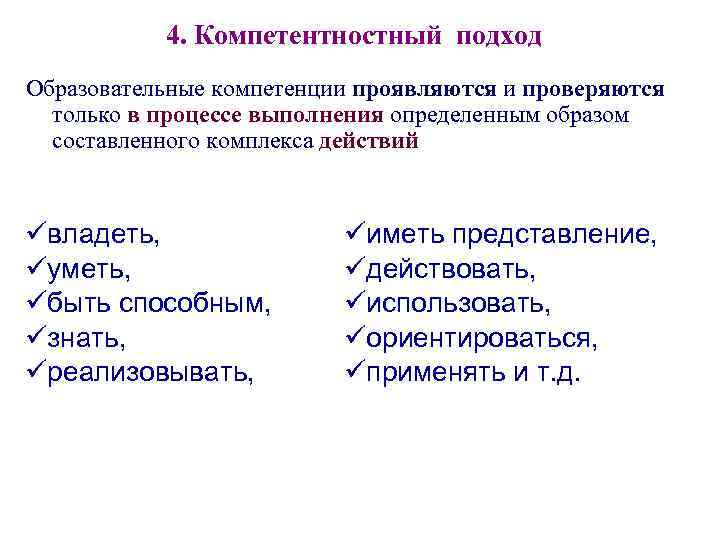 4. Компетентностный подход Образовательные компетенции проявляются и проверяются только в процессе выполнения определенным образом