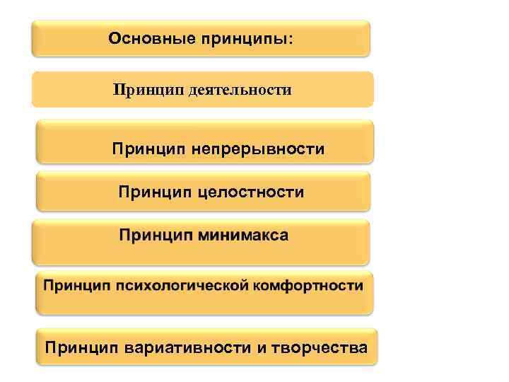 Основные принципы: Принцип деятельности Принцип непрерывности Принцип целостности Принцип вариативности и творчества 