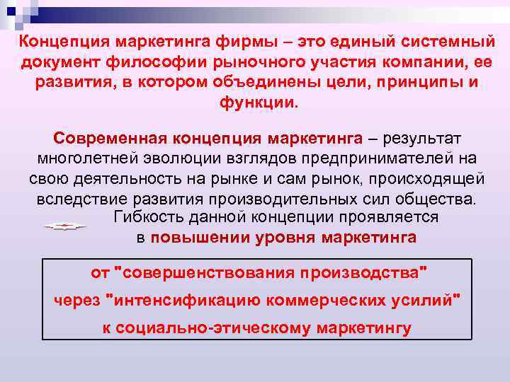 Концепция маркетинга фирмы – это единый системный документ философии рыночного участия компании, ее развития,