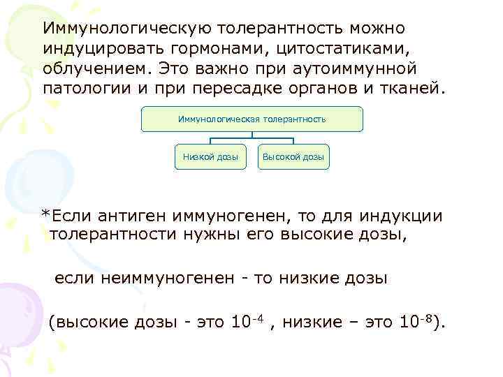 Иммунологическую толерантность можно индуцировать гормонами, цитостатиками, облучением. Это важно при аутоиммунной патологии и при